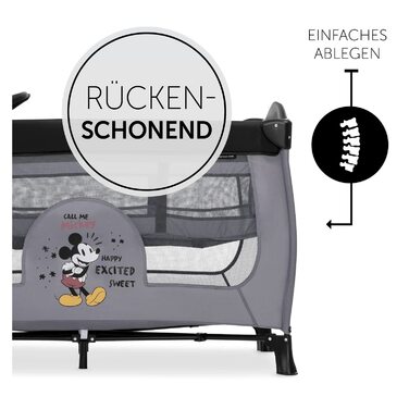 Hauck Travel Crib Sleep N Play Center with Newborn Nest, Changing Table, Carry Bag, Wheels, Crawl-Through Opening, Compact Folding, from Birth up to 15 kg (Disney Mickey Mouse Grey)