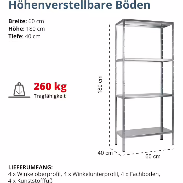 SCHULTE Shelfworld slotted shelving unit with 4 PowerMAX shelves, 65 kg load capacity, 180x60x40 cm (H x W x D), galvanized (storage shelf, workshop shelf, cellar shelf, garage shelf, metal shelf)