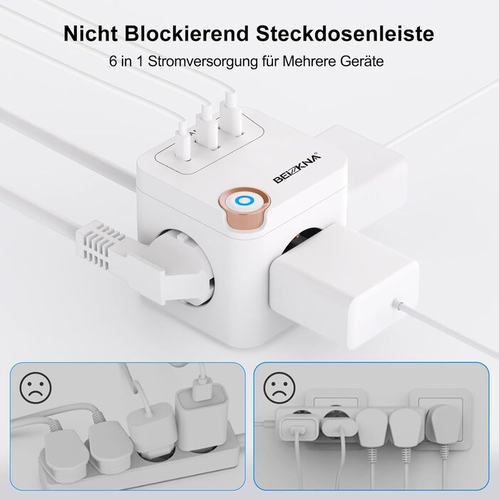 Мережевий концентратор з 4 USB-портами, настінний, 4 розетки, захист від перенапруги, 2 USB-C розетки, вимикач, 4000W, 16A, білий