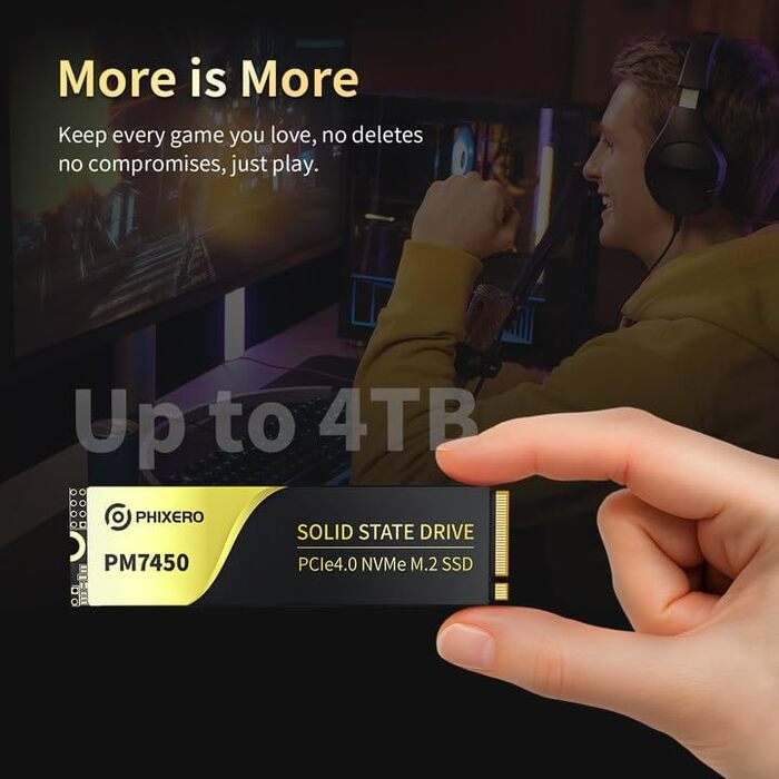 PHIXERO PM7450 4TB NVMe SSD PCIe Gen4x4 M.2 2280 - Швидкий SSD для ігор та ПК, до 7450 МБ/с, QLC, з графітовим охолодженням