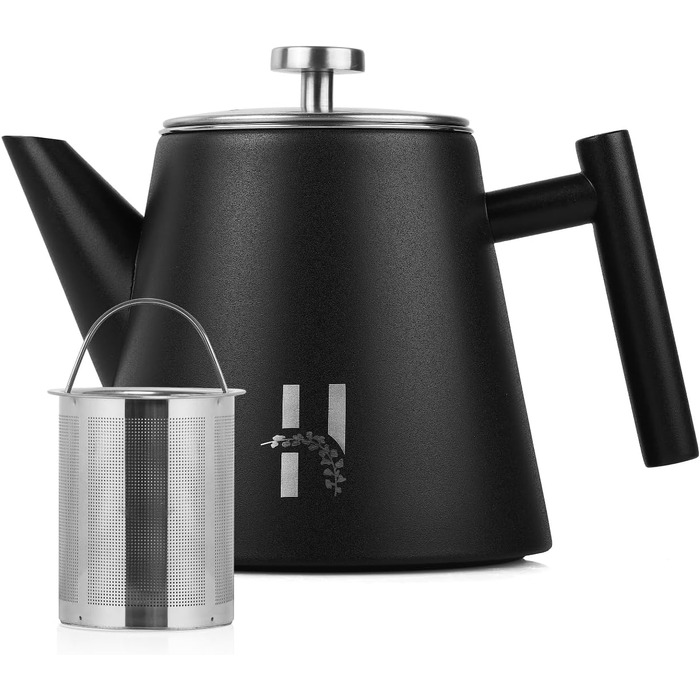 Hanamura Thermo Teapot with Infuser - Stainless Steel Teapot, Double-Walled and with Strainer - 1L - Black Metal Teapot - Insulated Thermos Modern Design
