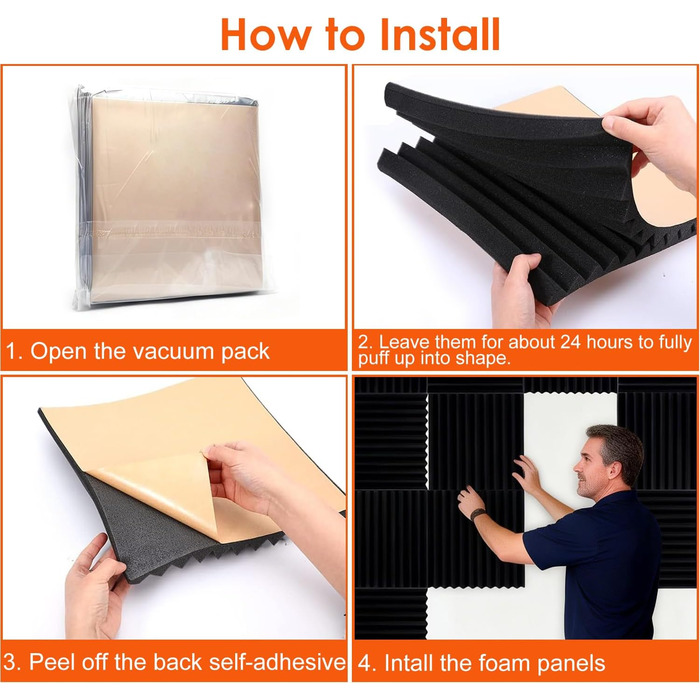 Акустичний поролон Foneso для звукоізоляції, панелі-поглиначі шуму 30x30x5 см, висока щільність 25кг/м³, 3D шумопоглинаючі плити для студії, офісу та кімнати запису, чорний (52 шт, з клейкою стрічкою)