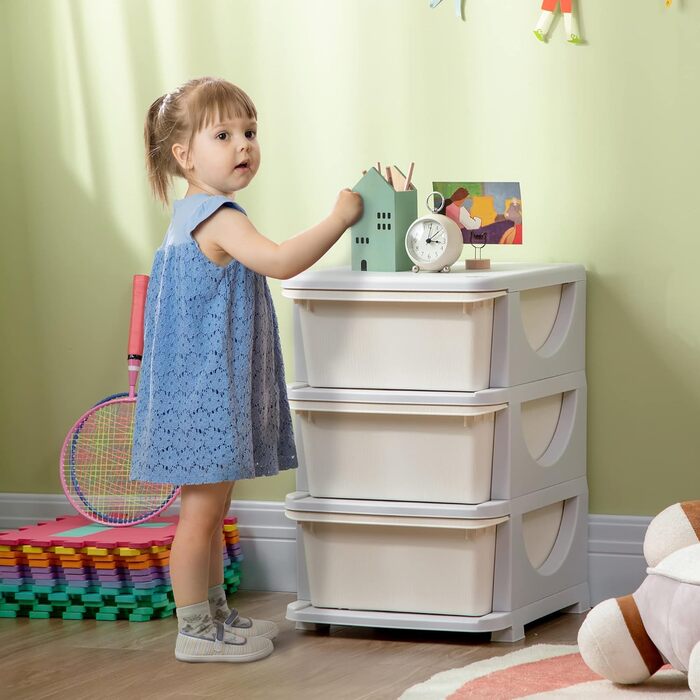 HOMCOM Kids' Storage Drawer Cabinet with Storage Boxes, Toy Organizer, Toy Chest, Three Tiers for Kids' Rooms, 3-6 Years, Children's Furniture, 37 x 37 x 56.5 cm (37L x 37W x 56.5H cm, Cream White)