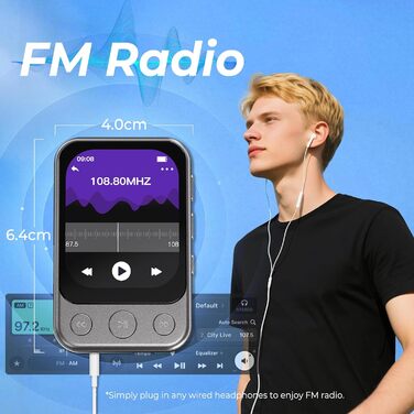 MP3-плеєр 64GB Bluetooth 5.3 з кліпсою та динаміком, спортивний музичний плеєр з сенсорним екраном та кнопками, регулятор гучності, FM-радіо, запис голосу, розширюється до 128GB, чорно-коричневий