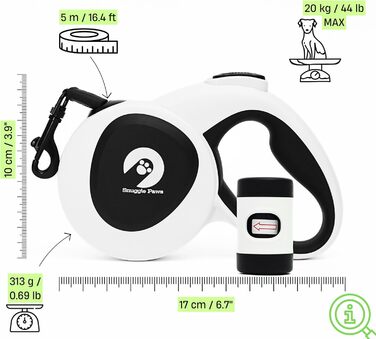 Snuggle Paws Retractable Dog Leash - 5m LED Light, Poop Bag Dispenser, Chew-Proof Steel Cable, Reflective Nylon Band | Extendable Leash for Small Dogs up to 20kg
