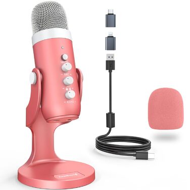 Zealsound USB мікрофон K66 Pearly White (Рожевий) з шумозаглушенням для ПК, Mac, iPhone, Android, PS4/PS5: для стрімінгу, геймінгу, ASMR, YouTube, вокалу, Twitch