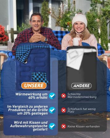 Спальний мішок для двох осіб з фланелі, 220 x 160 см, Outdoor, з двома подушками та сумкою для перенесення, блакитний