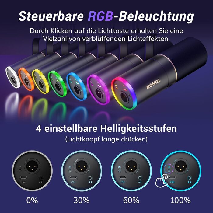 Мікрофон TONOR TD510+ для стримінгу, студії та запису. XLR/USB, динамічний, з регульованою ніжкою та RGB підсвічуванням. Чорний колір