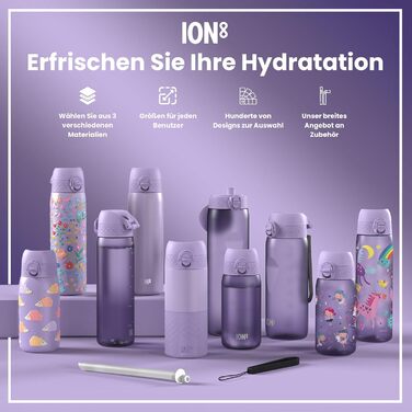 ion8 Insulated Stainless Steel Drinking Bottle 320 ml Leak-Proof One-Hand Opening Secure Locking Dishwasher-Safe Flip-Top Lid Carrying Handle Easy to Clean, Durable, Unicorn (Evo, Recyclon, Violet)