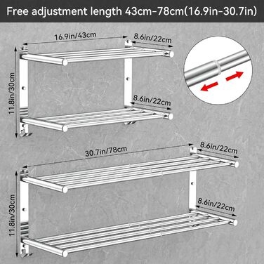 Adjustable 17-30 Inch Towel Bar for Bathroom Kitchen Towel Holder Dishcloth Hanger SUS304 Stainless Steel Wall Mount No Drill (Double Layer Towel Holder)