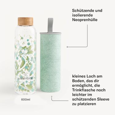 waterdrop® Edition Glass Bottle 600ml Drinking Bottle - Leak-proof glass bottle, suitable for carbonated drinks | BPA-free water bottle including neoprene sleeve | Dishwasher-safe, lightweight borosilicate glass bottle (Clean Melange)
