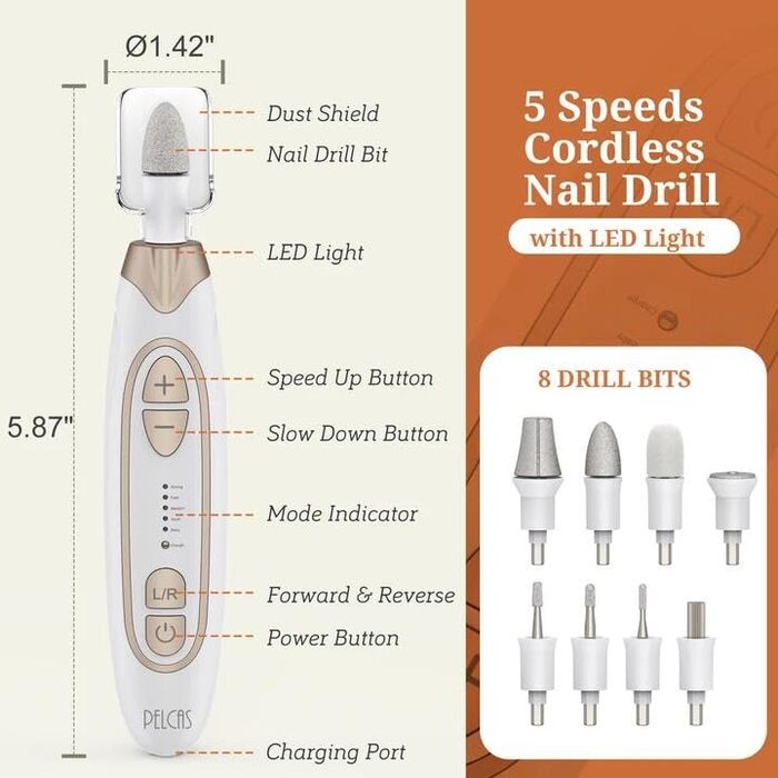 Електричний фрезер для ніг PELCAS з LCD дисплеєм: професійний набір для манікюру та педикюру, акумуляторний, для товстих нігтів та кутикули, біле золото