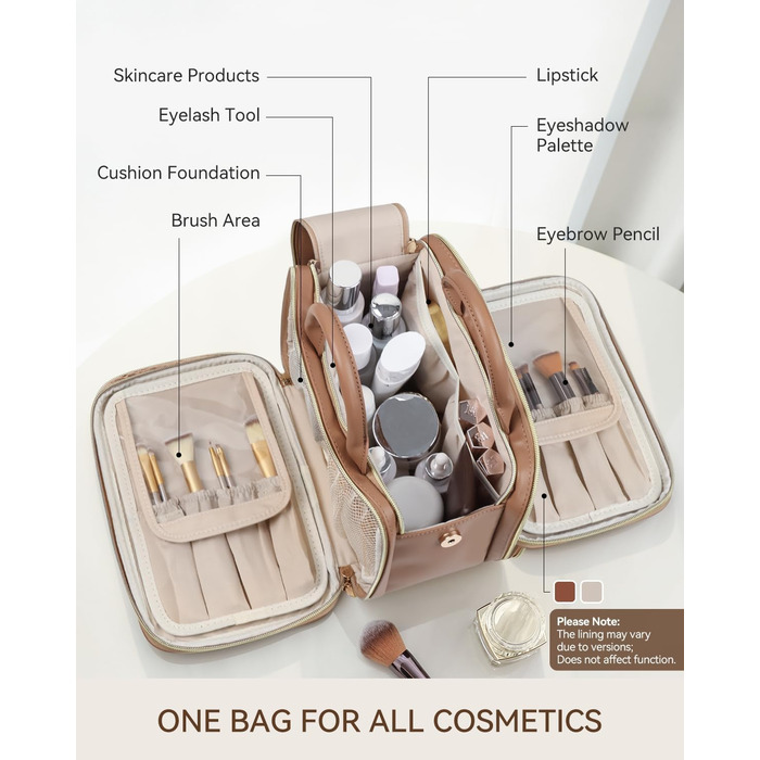 Косметичка для макіяжу велика містка з водонепроникним покриттям та ручкою (Колір: Коричневий, Комплект L-Full)