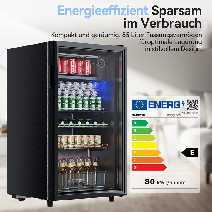 Холодильник для напоїв на 85 літрів з скляними дверцятами та блакитним LED-підсвічуванням, 3 регульовані полиці для соди/пива/вина, ідеальний для дому та вечірок