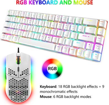 Ігровий комплект клавіатури та миші RGB, 68 клавіш, Red Switch, 60% механічна клавіатура, миша 6400DPI, USB-кабель, сумісна з Windows, Mac, PS4, білий колір