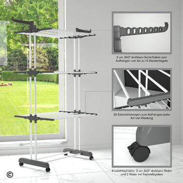 Сушарка для білизни VertiSlim Dry складана, вежа з 4 рівнями, нержавіюча сталь, з колесами та бічними крилами, сіра - для дому та вулиці