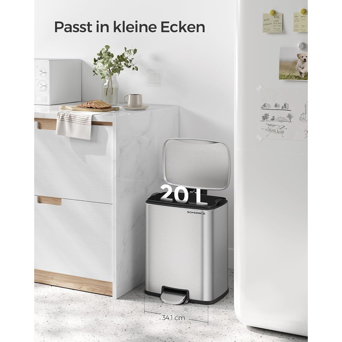 Сміттєве відро SONGMICS 20 л з педаллю, м'яким закриттям, з внутрішнім відром, 15 мішків, металеве сріблясте