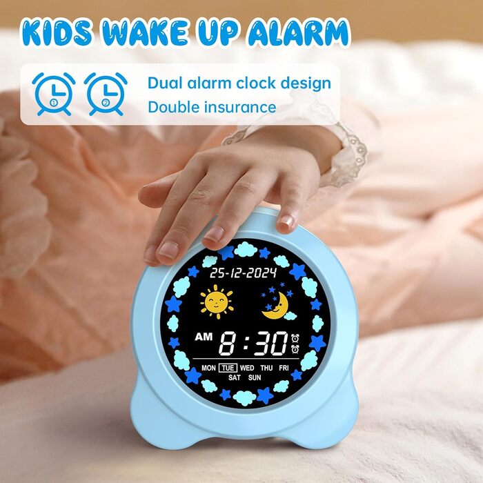 SENXINGYAN Kids Alarm Clock, Alarm Clock for Children with Sun & Moon LED Display, Day & Date Display, Sleep Trainer for Kids with Night Light & Sleep Sounds, Cute Alarm Clock for Kids Room