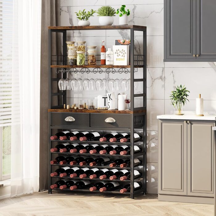 Homeiju Wine Rack, Freestanding Floor, Bar Cabinets for Liqueurs and Glasses, 4-Tier Bar Cabinet with Tabletop, Glass Holder, Storage Drawer and Wine Storage for Living Room, Kitchen, (Retro Black Brown)
