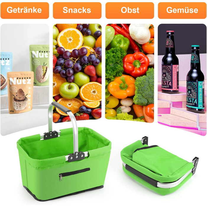 Складаний кошик для покупок 25L з м'якими ручками та кишенею на блискавці, зелений