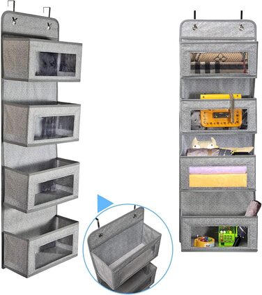 Настінна полиця-органайзер BrilliantJo з тканини, 4 великі кишені, 2 гачки, сірий колір, для ванної, дитячої кімнати, вітальні, спальні