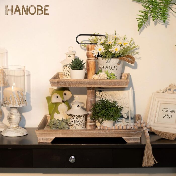 Hanobe Decorative Table Tray Shelving Wood: Brown Wooden Tray Large Rectangular with 2 Tiers Farmhouse Decorative Tray Vintage Shabby Serving Trays for Home Coffee Corner Bathroom