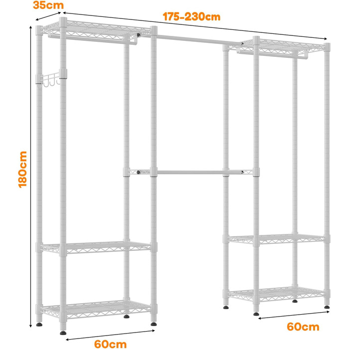 Тeleskopна штанга Himimi для одягу з 4 перекладинами та 6 регульованими полицями, 1 гачок, телескопічна система полиць B (175-230) x H180 см, адаптована для різних приміщень (білий)