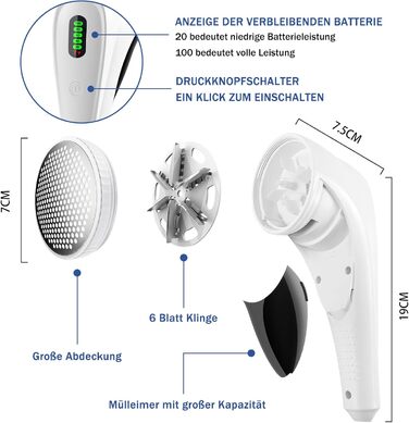 Електрична машинка для видалення катишків з LED-дисплеєм, USB-зарядкою, 2 рівнями висоти, 3 змінними лезами для різних тканин, біла, для дому