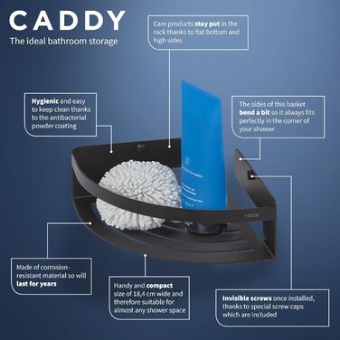 Кутова полиця для душу Tiger Caddy мала, з нержавіючої сталі, чорна, компактна підвісна полиця для ванної кімнати та душових кабін, антикорозійна