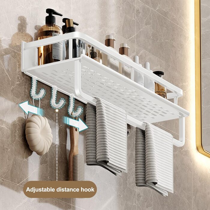 Поличка для душу Devesanter без свердління, 2 шт. з тримачем для рушників та 6 гачками. Органайзер для ванної кімнати, спальні, кухні (40 см, білий)