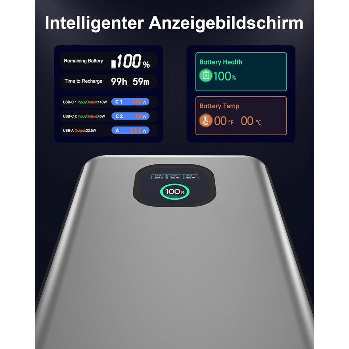 Powerbank 140W, 25000mAh з цифровим дисплеєм, PD3.1 для ноутбуків, MacBook, iPad, iPhone, Switch, Steam Deck (Срібний)