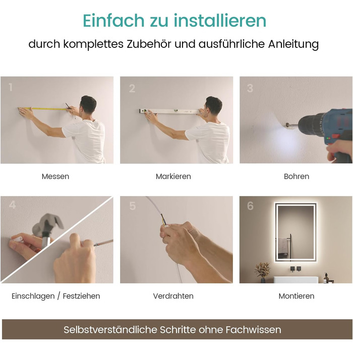 Дзеркало для ванної кімнати EMKE з підсвічуванням 40x60 см LED, антизапарник, холодний/теплий білий світ, з кнопкою, преміум-алюмінієва рама, IP44, енергозберігаюче