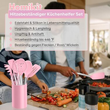 Набір кухонного приладдя Homikit 10 шт. силіконові, з нержавіючої сталі, рожевий - антипригарні, жаростійкі, для посудомийної машини