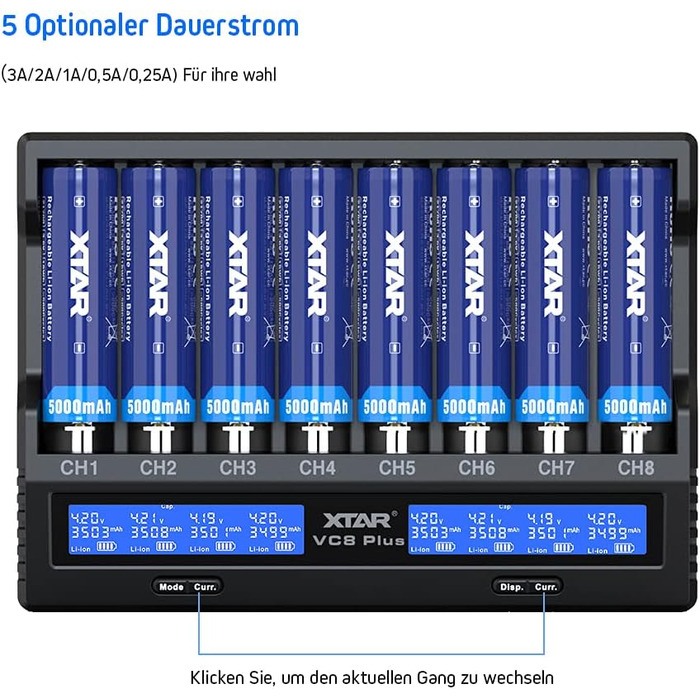 Зарядний пристрій Xtar VC8 Plus для 8 акумуляторів Li-Ion та NiMH з LCD-дисплеєм, EU