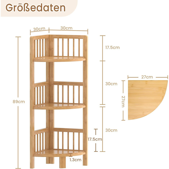 Dripex Standing Corner Shelf, Bathroom Shelf with 3 Tiers, 89x30x30cm, Bamboo Standing Shelf for Kitchen, Living Room, Bedroom.
