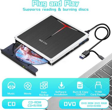 Зовнішній DVD-привід та записувач для ноутбука, Plug and Play USB DVD-бредер