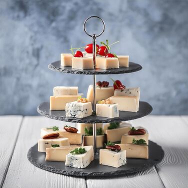 Dimono® Етажерка для сервірування Deluxe; 3 яруси - сервірувальні миски; фруктова та овочева миска з бамбуковим підставкою; для десертів, фруктів, овочів, солодощів та ін. (Шифер натуральний)