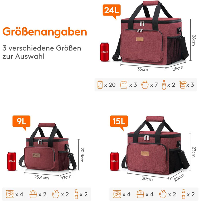 Сумка-холодильник LifeWit 15L, 24 відділення, червона (для їжі, пікніків, подорожей)