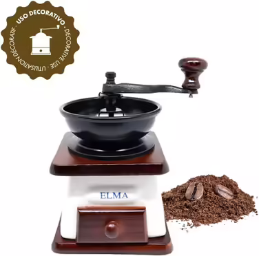 ELMA Ceramic Manual Coffee Grinder for Decorative Use, Brown Vintage-Style Retro Manual Coffee Grinder on Wood with Hand Crank, Portable, Antique-Design Coffee Grinder | Dark Wood Color