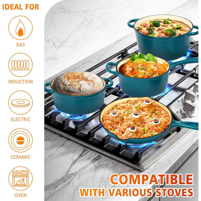 Набір чавунної емальованої посуду Denmay 7 предметів: голландська піч, сковорода, каструля для тушкування, соусник, 3 кришки. Підходить для всіх типів плит, з органайзером, блакитний