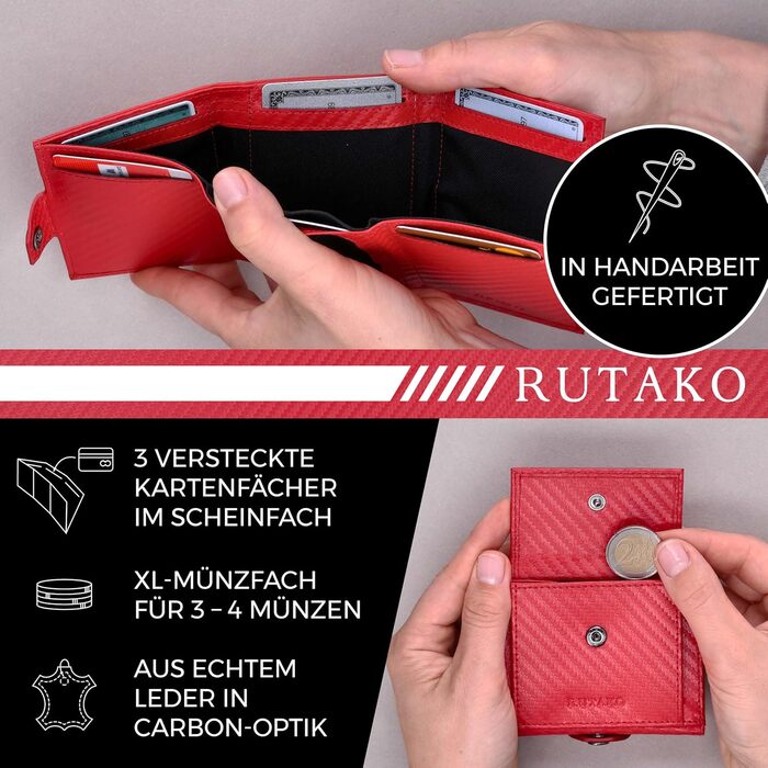 RUTAKO Slim Wallet with XL Coin Pocket & RFID Protection - Card Holder for Men & Women - Small Credit Card Holder - Mini Wallet - Purse/Wallet Small - Wallet Carbon Red