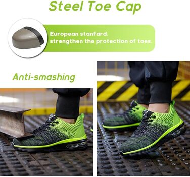 Легкі робочі черевики для чоловіків та жінок. Безпечні, неслизькі, спортивного стилю, зі сталевим підноском. Дихаючі, робочі черевики (42 EU, Зелений)