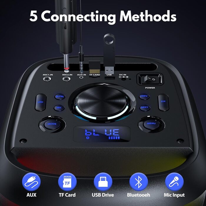 Караоке машина HWWR T20 з 2 мікрофонами, Bluetooth, RGB-підсвічуванням, TF/USB, AUX, Rec. Партійна колонка для дому та вечірок. Підтримка TWS.