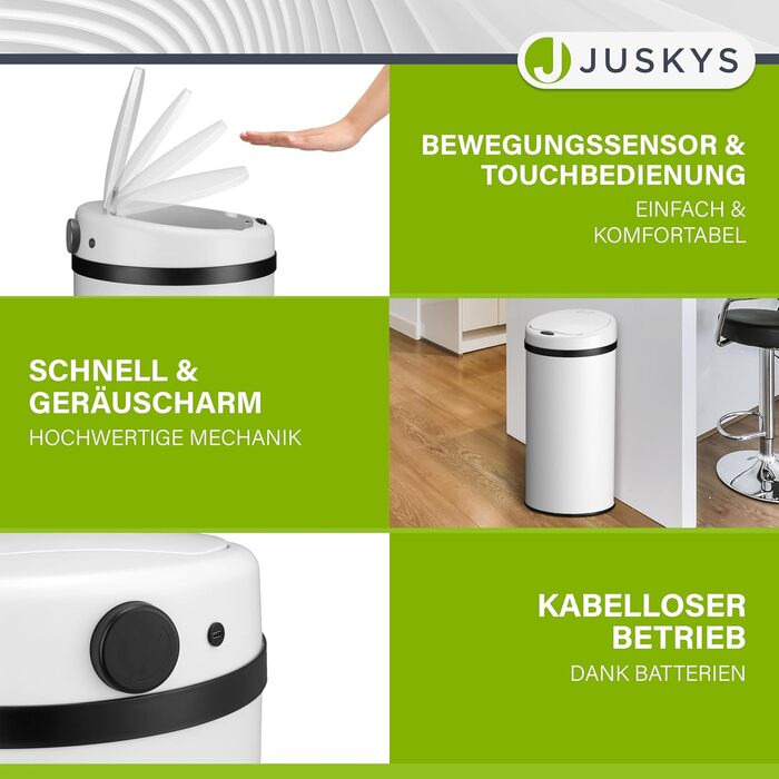 Відро для сміття Juskys з датчиком руху, 30 л, нержавіюча сталь, контактне відкриття, з кришкою для пакетів