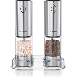 Електричні млини для спецій Arendo – набір з солі та перцю, нержавіюча сталь, керамічний механізм, LED-підсвічування, акумулятор, щітка та воронка