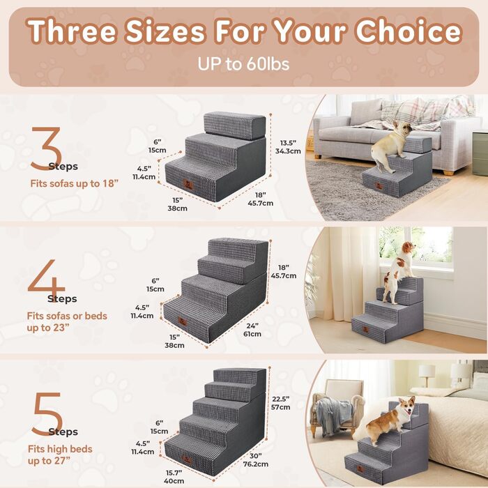 Sytopia dog stairs 40 cm high, 3 steps, dog stairs for bed, sofa for small dogs, pet stairs washable, foam stairs, for injured, older dogs (34cm height, Grey) (5 steps dog stairs (H:57CM), Flannel)