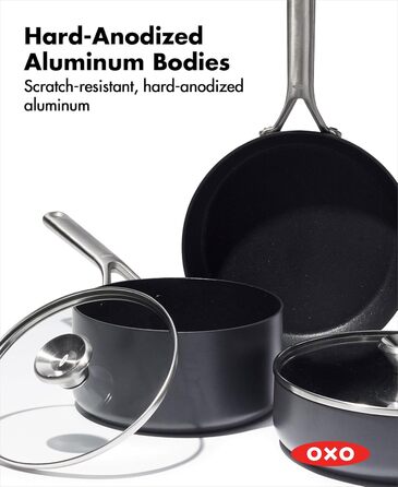 Набір посуду OXO Professionelles 5 предметів: каструлі та сковороди з керамічним покриттям, індукційні, з нержавіючої сталі, без PFAS, з алмазним посиленням, для посудомийної машини, чорний