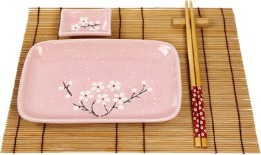 Набір для суші Exzact (10 предметів) – 2 тарілки, 2 миски для соусу, 2 підставки під столові прилади, 2 пари паличок для їжі – з високоякісного порцеляну, у подарунковій коробці (рожевий)