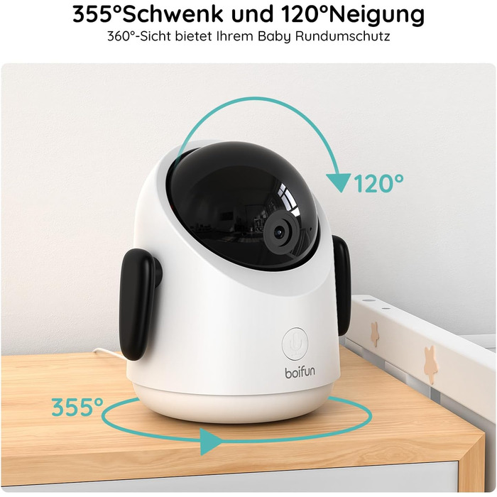 Дитячий відеоняня BOIFUN з камерою, WiFi 360°, 2 MP, моніторинг руху, інфрачервона нічна зйомка, датчик температури, мобільний додаток, 4x зум, Baby 3SM