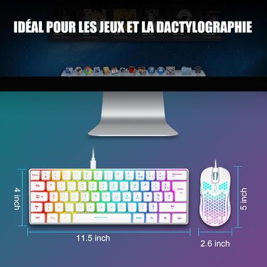 RedThunder K62 Бездротова ігрова клавіатура та миша, RGB, AZERTY, 62 клавіші, Mini, для PC/PS5 (білий)